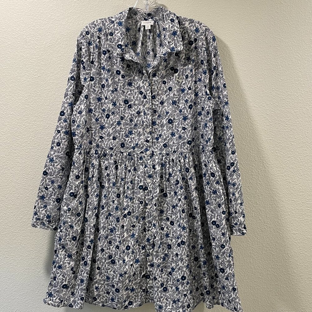 J. Crew Blue & White Floral Long Sleeve Button Down Dress
